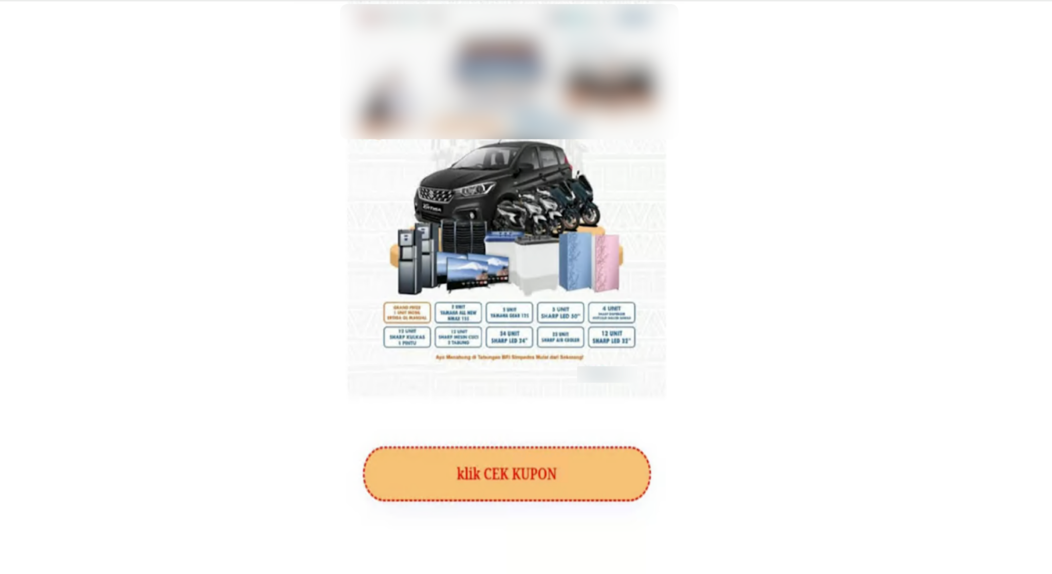 Capture d’écran d’une page d’hameçonnage montrant une voiture, des téléviseurs et d’autres articles, avec un bouton « KLIK CEK KUPON ».
