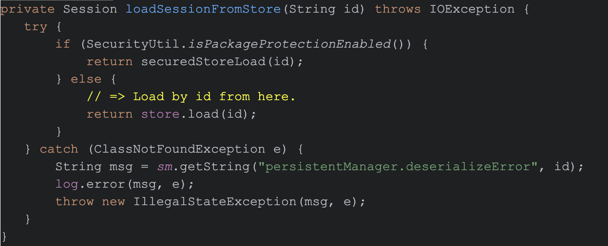 Capture d’écran d’un extrait de code affichant une méthode nommée "loadSessionFromStore". Le code comprend la gestion des exceptions et l’enregistrement des messages d’erreur.