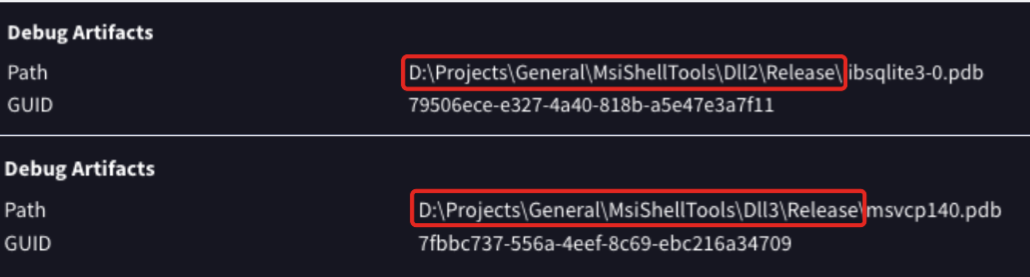 Deux captures d’écran montrant des chemins d’accès aux fichiers et des GUID pour des projets logiciels, tous deux étant des artefacts de débogage. Chaque élément est surligné en rouge.