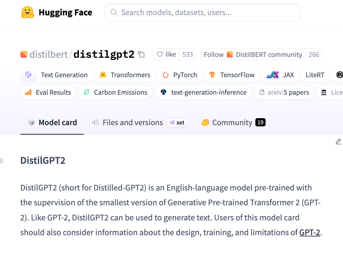 Screenshot of the Hugging Face website, displaying the model card for DistilGPT2, a distilled version of the GPT-2 model designed for efficient language processing tasks.