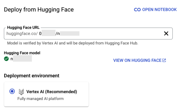 Screenshot of a deployment interface from Hugging Face, showing fields to input a Hugging Face model URL and select a deployment environment with Vertex AI recommended.
