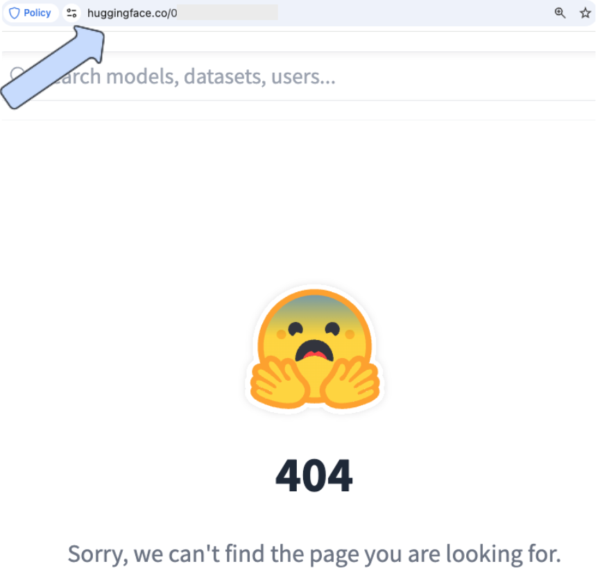 404 error page on Hugging Face website featuring a sad version of the hugging emoji. An arrow points to the URL.