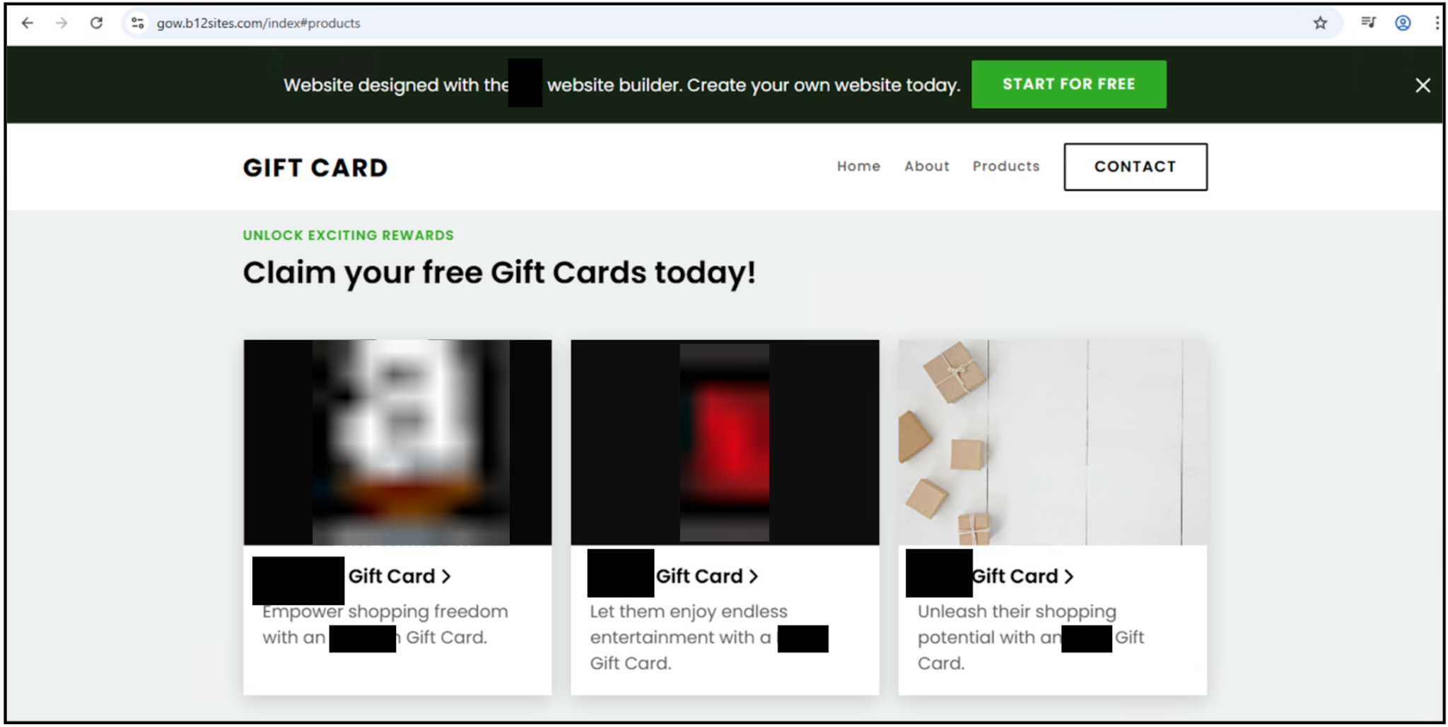 あるWebサイトの「ギフトカード」プロモーション ページのスクリーンショット。3枚のぼやけたカードの画像に、さまざまなショッピング特典をアピールするテキストがオーバーレイされている。ナビゲーションメニューには、「ホーム」、「会社概要」、「製品」、「お問い合わせ」のオプションが並んでいる。