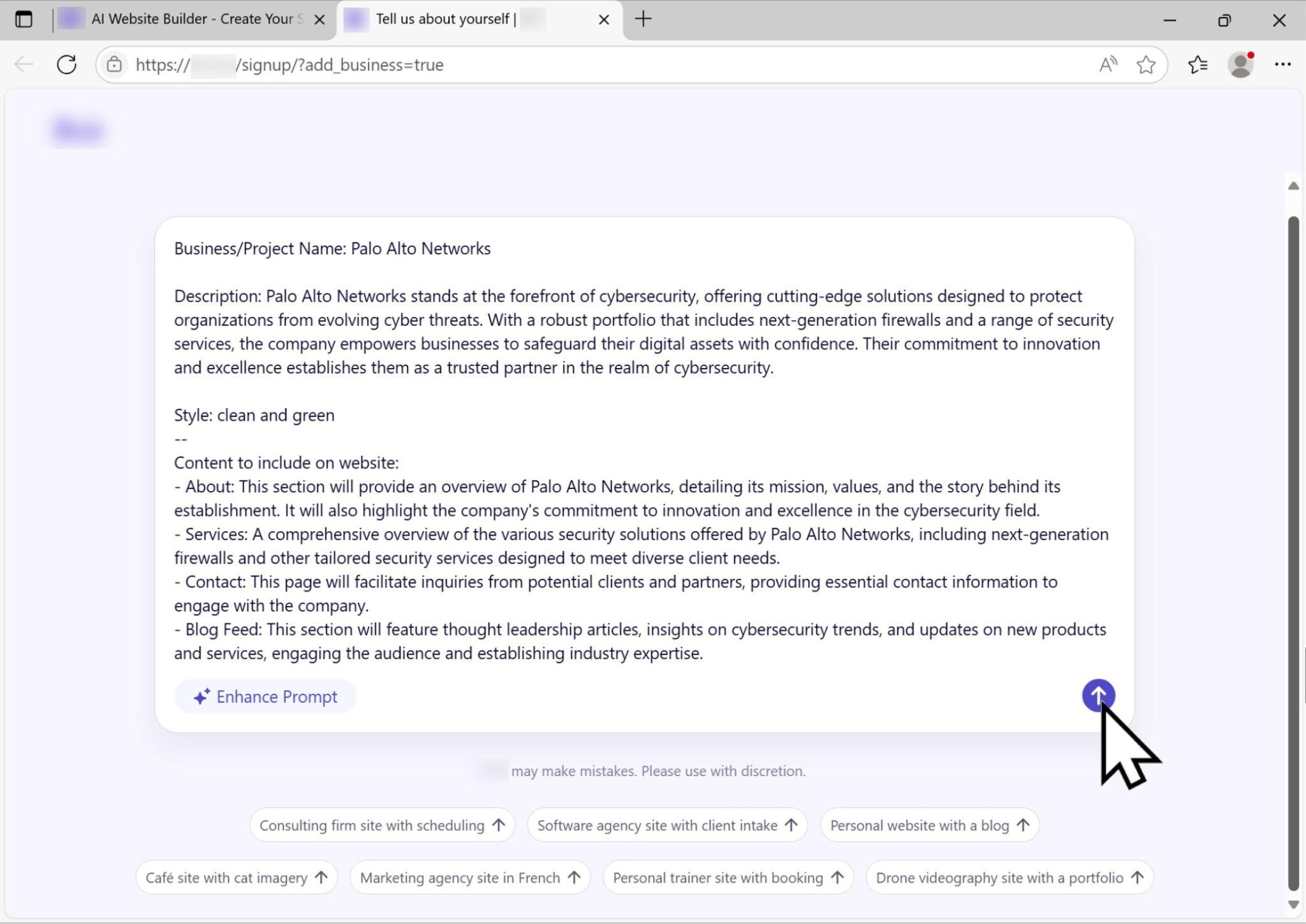 Webページのスクリーンショット。パロアルトネットワークスのイノベーションとサイバーセキュリティへのコミットメントを説明するテキストが掲載されている。会社のミッションとサービスとともにビジネス/プロジェクト名のセクションがある。カーソルが右の上向き矢印に合わせられている。