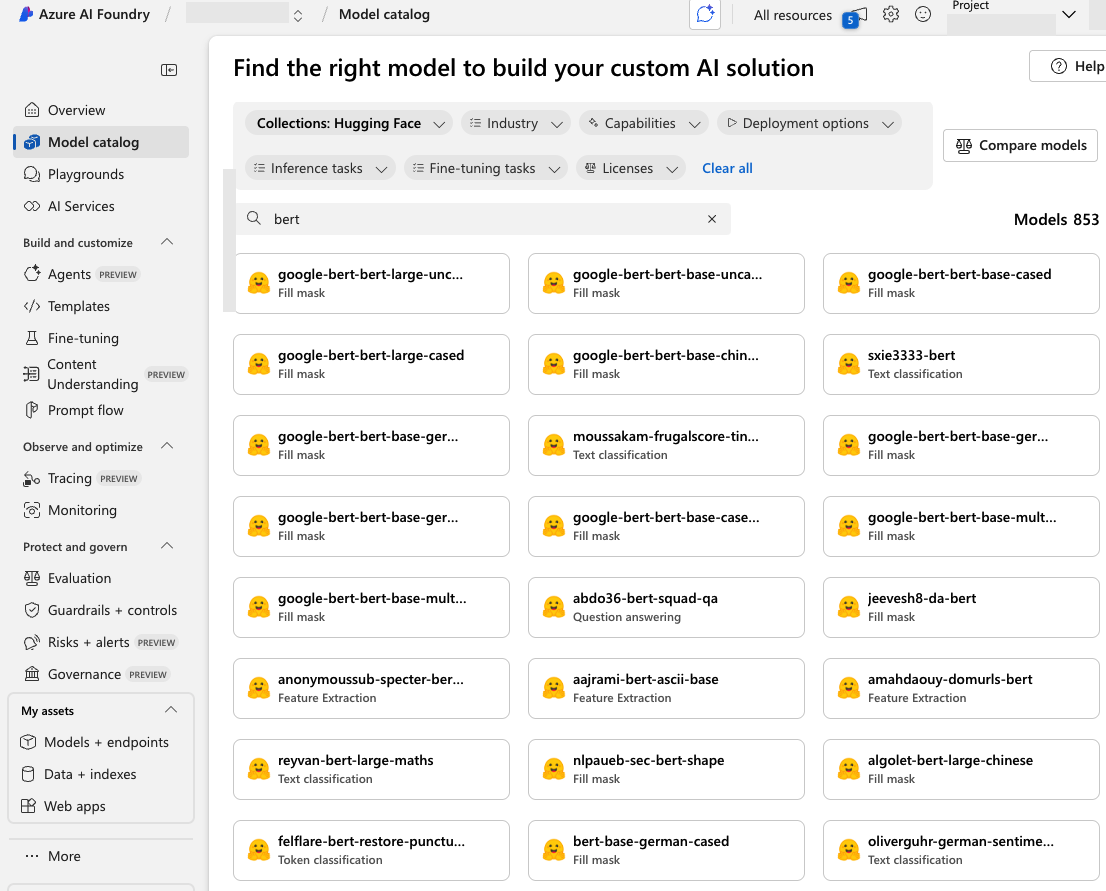 Screenshot of Azure AI Foundry's model catalog interface, displaying a variety of AI models including Google Bert models and OpenAI GPT models, organized in a grid layout with options for filtering and search.