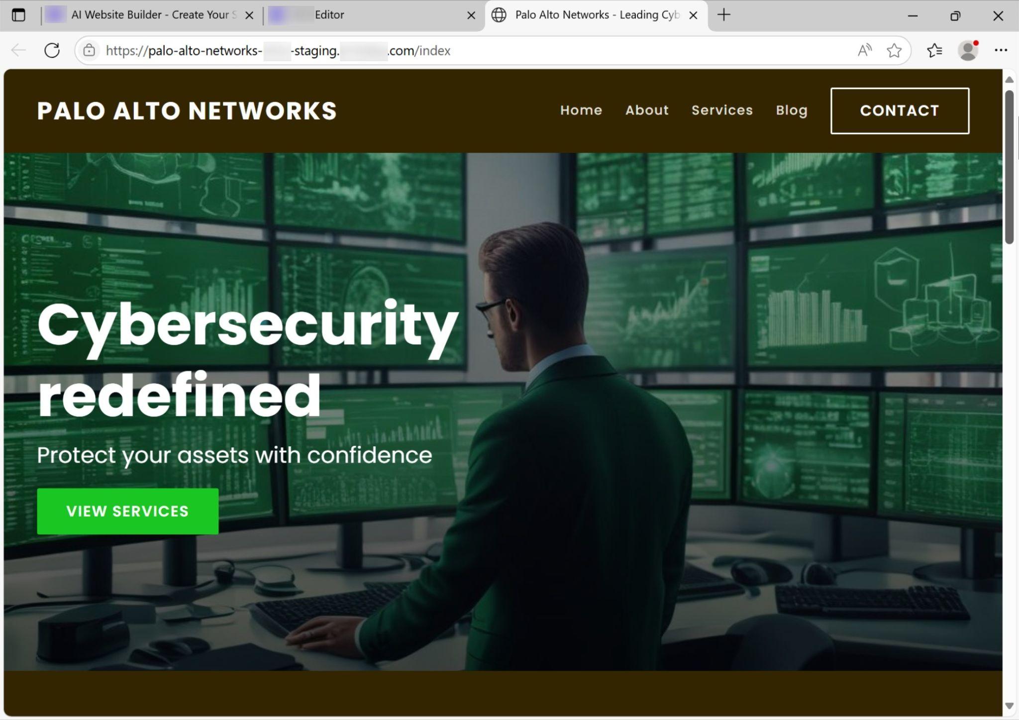 AIが作成したパロアルトネットワークスの偽Webサイト。「Cybersecurity redefined - Protect your assets with confidence(サイバーセキュリティは再定義され、自信を持ってお客様の資産を守ります)」というテキストと「View Services(サービスを見る)」ボタンが表示されている。