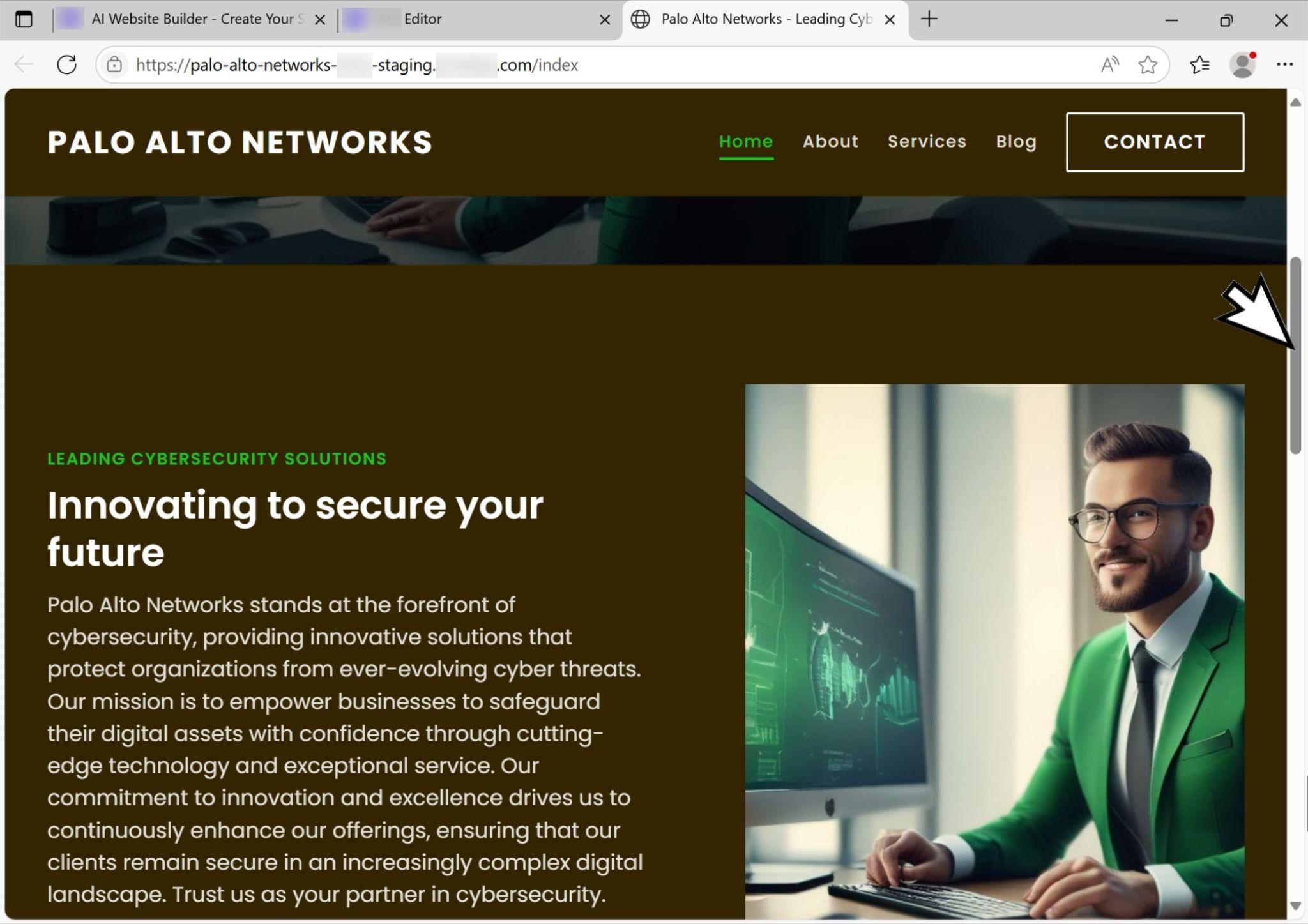 AIが生成したパロアルトネットワークスの偽ホームページ。プロフェッショナルがデジタルスクリーンの前に立ち、主要なサイバーセキュリティ ソリューションに関するテキストが表示されている。