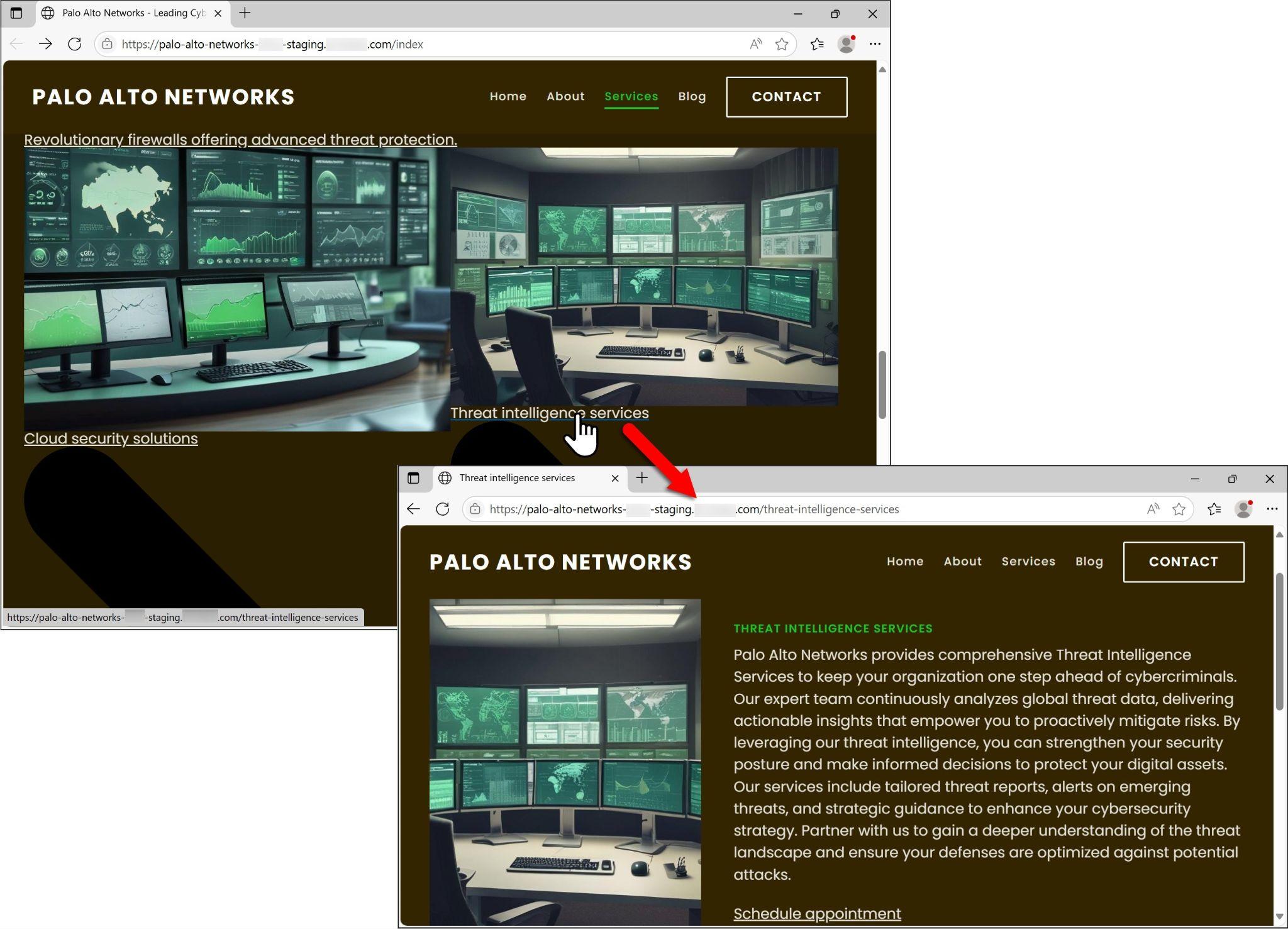 AIが生成したパロアルトネットワークスの偽ウェブサイトのスクリーンショットのコラージュ。クラウド セキュリティ、脅威インテリジェンス、高度な脅威防御サービスに関するセクションと、ネットワーク セキュリティ運用の画像、サイバーセキュリティソリューションに関する説明文が掲載されている。