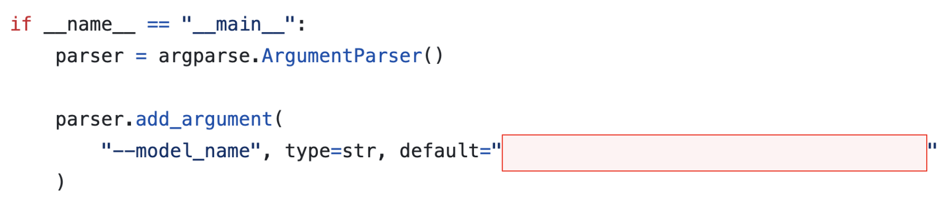 Screenshot of code using argparse library to add a command line argument for 'model_name' with a default value, with certain details blurred or blocked out for privacy.