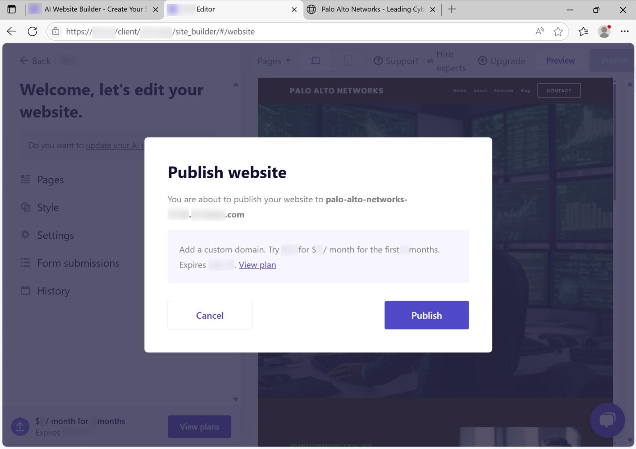AIが生成した偽のパロアルトネットワークスのWebサイト エディタ インターフェースのスクリーンショット。「Publish website(Webサイトを公開する) 」というタイトルのポップアップウィンドウが表示されている。このポップアップは、価格情報や契約プランとともにカスタムドメインを追加するようユーザーに促すものである。[View plans (プランを見る)]、[Cancel (キャンセル)]、[Publish(公開)]のボタンが見える。