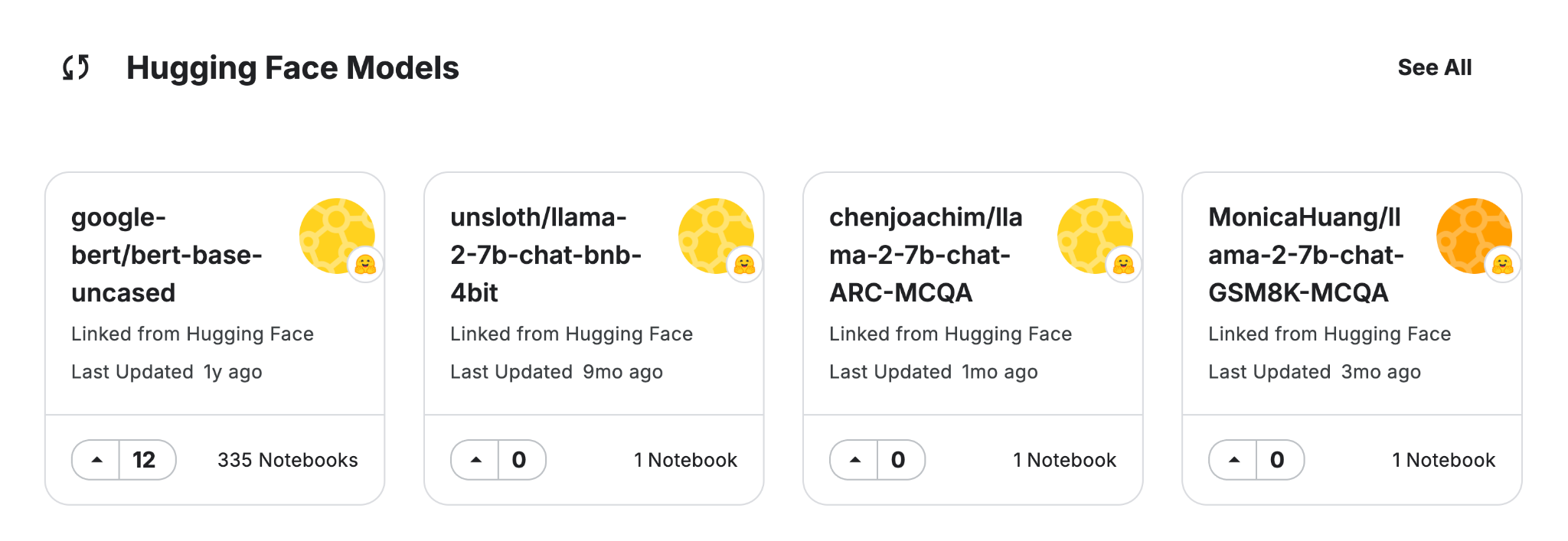 Image displaying a selection of Hugging Face model cards. Each card shows the number of linked notebooks and the last update status.