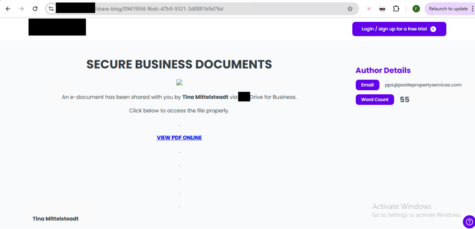 「SECURE BUSINESS DOCUMENTS (ビジネス文書の保護)」と題されたデジタル文書共有インターフェースのスクリーンショット。特徴としては、「VIEW PDF ONLINE」へのリンクや、ログイン、著者の詳細、Windows用のアクティベーション・リマインダーなどのセクションが追加されている。
