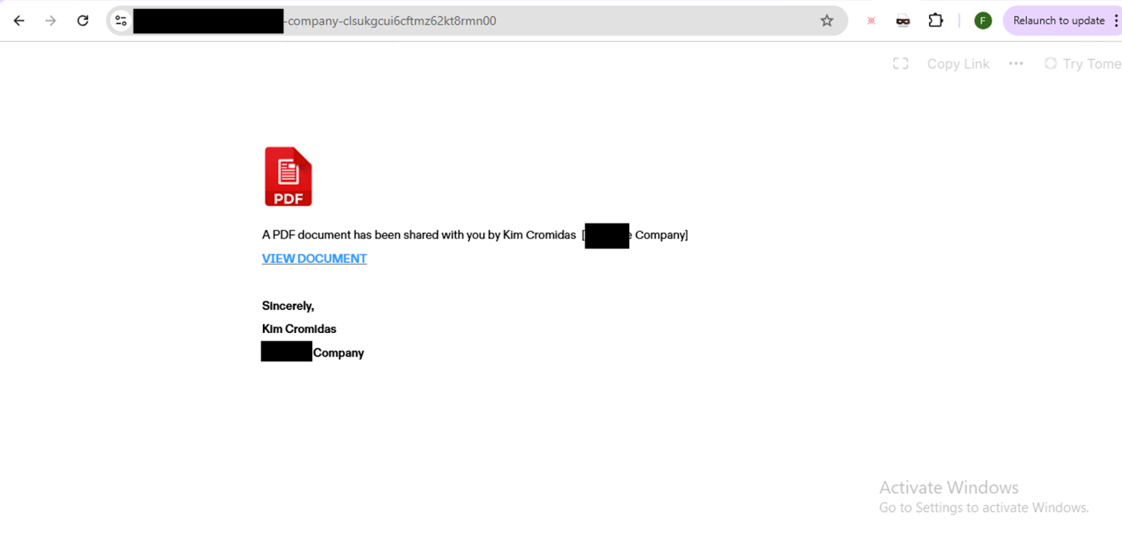 文書共有サービスのスクリーンショット。PDF文書が共有可能な状態になっている。「VIEW DOCUMENT」と書かれたボタンがあり、その後に「Kim Cromidas」と名乗る人物の署名がある。