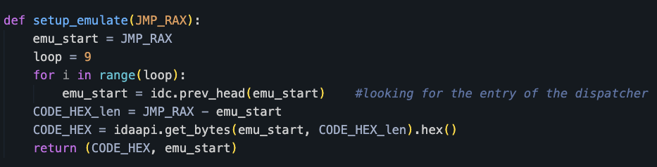 「setup_emulate(JMP_RAX)」という名前の関数を含むコードスニペットのスクリーンショット(コメントと16進数変換付き)。