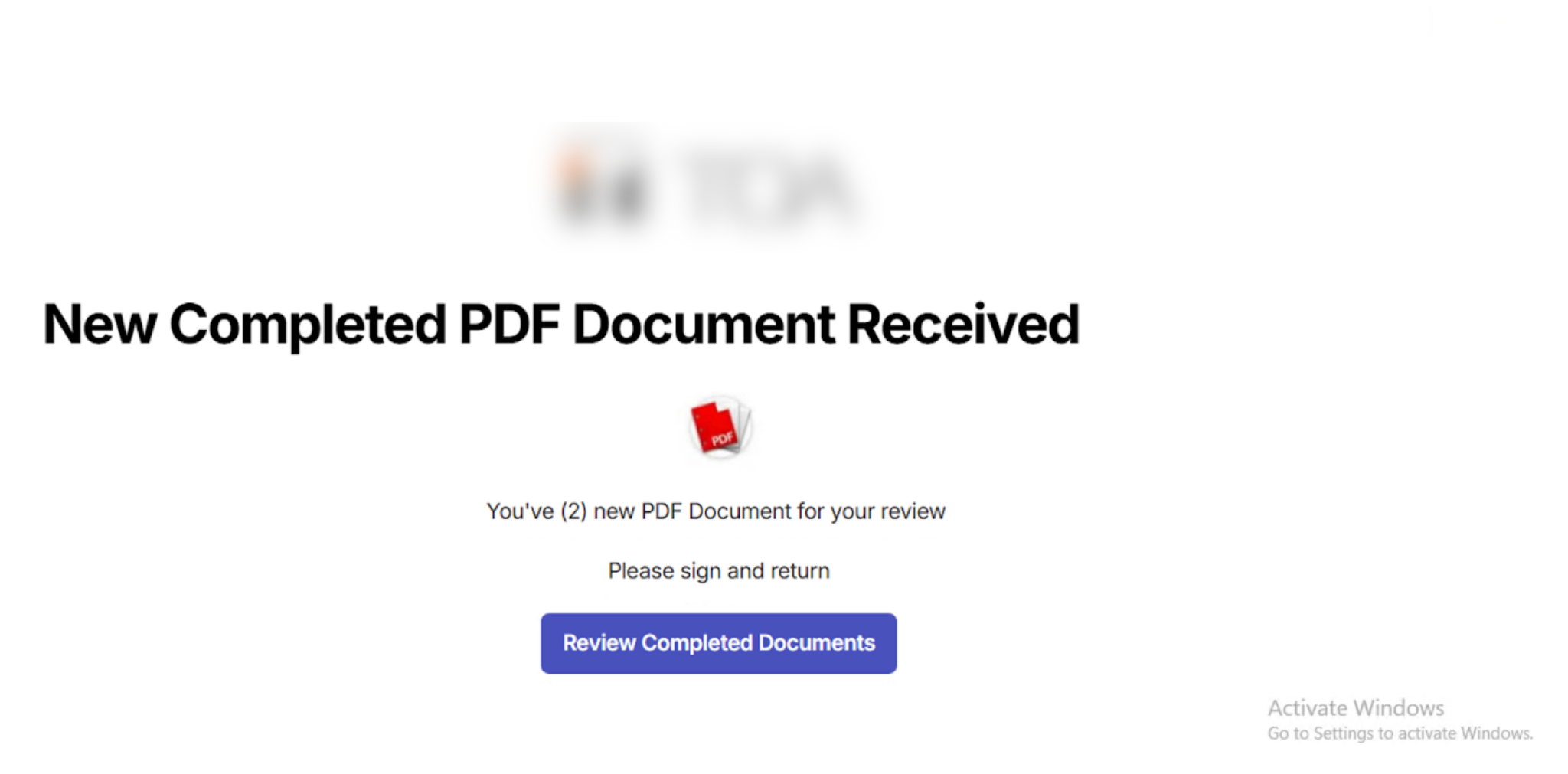 コンピュータの画面に「New Completed PDF Document Received (新規完成PDF文書があります)」というタイトルのメッセージが表示されている通知。このメールは、受信者に新しいPDF文書がレビューできるようになったことを知らせるもので、[Review Completed Documents (完成した文書をレビューする)]赤いボタンがある。