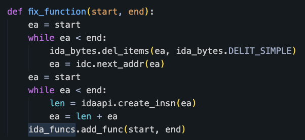 統合開発環境のスクリプトのスクリーンショット。「fix_function」という名前の関数で、IDA Pro APIを使用した項目の削除と命令作成のためのループと操作を含むコードを示している。