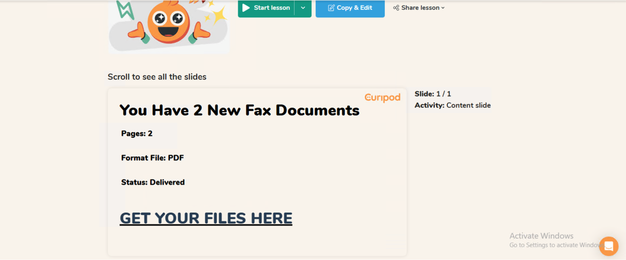 フィッシング ページのスクリーンショット。「You Have 2 New Fax Documents (新しいファックス文書が2つあります)」というメッセージと、「Get Your Files Here (ファイルを取得)」 というオプションが表示されている。フォーマットはPDFで、ステータスは配信済を示す。インターフェイスにはカラフルなアイコンとボタンが並んでいる。