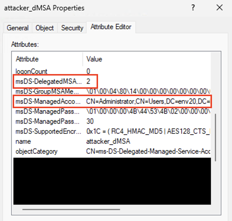 Screenshot of a software dialog box titled "attacker_dMSA Properties" displaying various system attributes and their corresponding values, primarily focused on security and user account settings. Two settings are highlighted. 