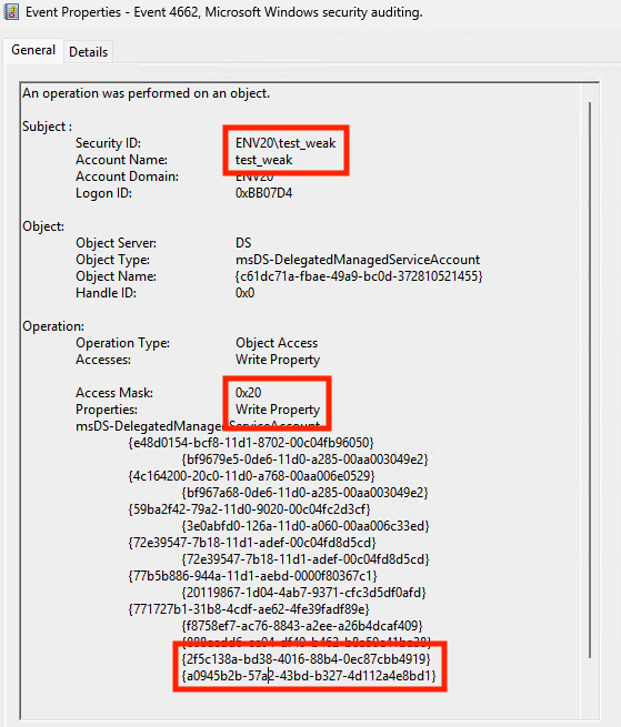 Event Properties window showing details of event 4662, Microsoft Windows security auditing. Fields include Account Name, Security ID, Object Type, Handle ID, Operation Type, and other specific identifiers, highlighted with a red box around the Security ID, Account Name, Access Mask, Properties and more. 