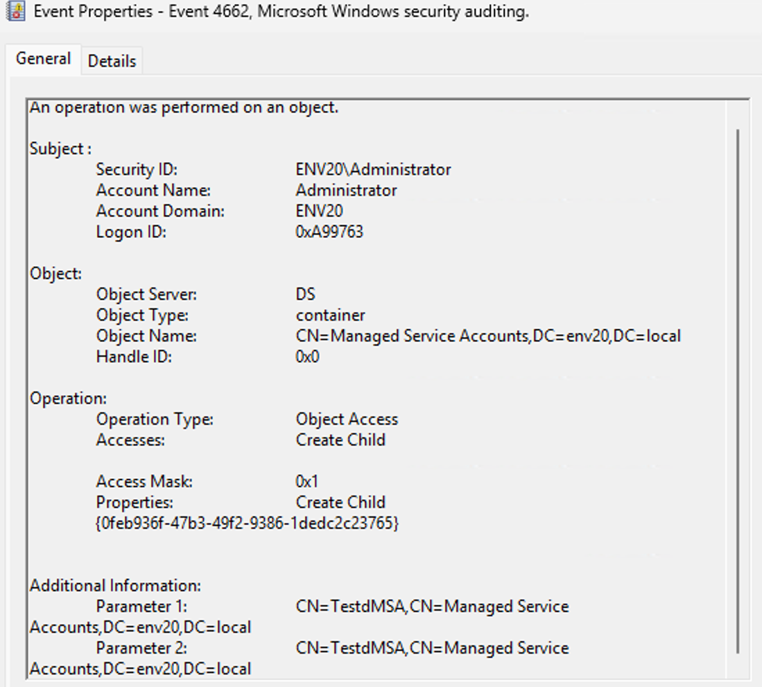 Event Properties window showing details of event 4662, Microsoft Windows security auditing.