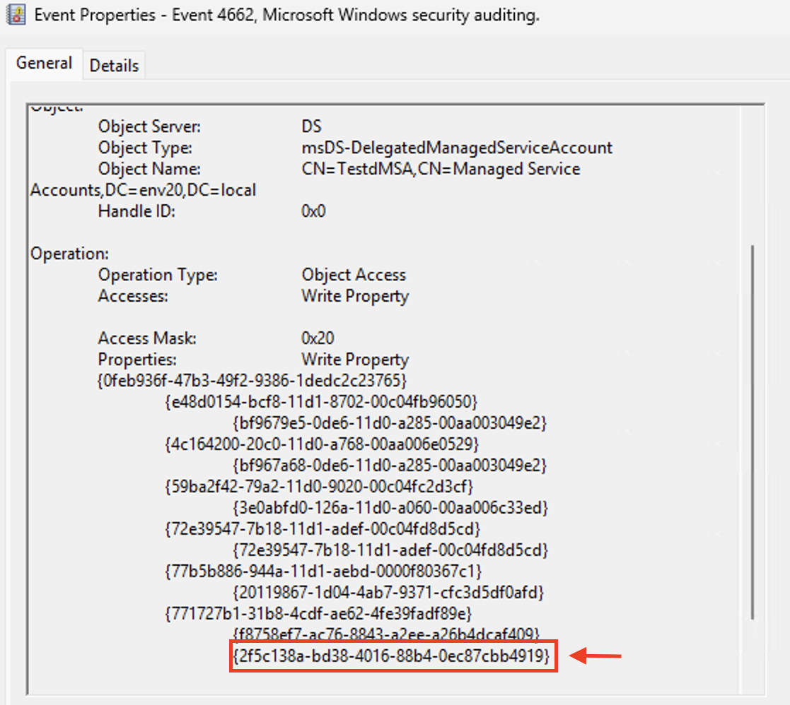 Event Properties window showing details of event 4662, Microsoft Windows security auditing. A red box highlights the last item in the Properties list. 