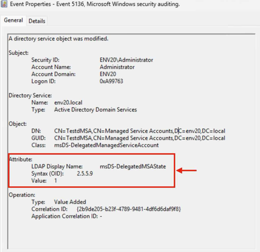 Screenshot of Microsoft Windows security auditing event detail, focusing on the LDAP Display Name 'msDs-DelegatedServiceAccount' with its value set to 1.