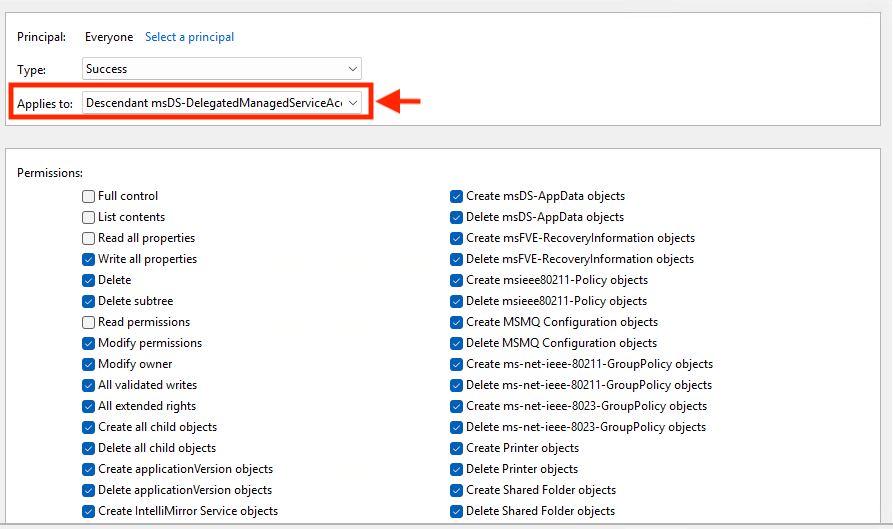 Screenshot of a computer interface for managing user permissions with various options for types of permissions like 'Read all' and 'Modify permissions', and an arrow pointing to a dropdown list labeled 'Assign to' with the selected option.