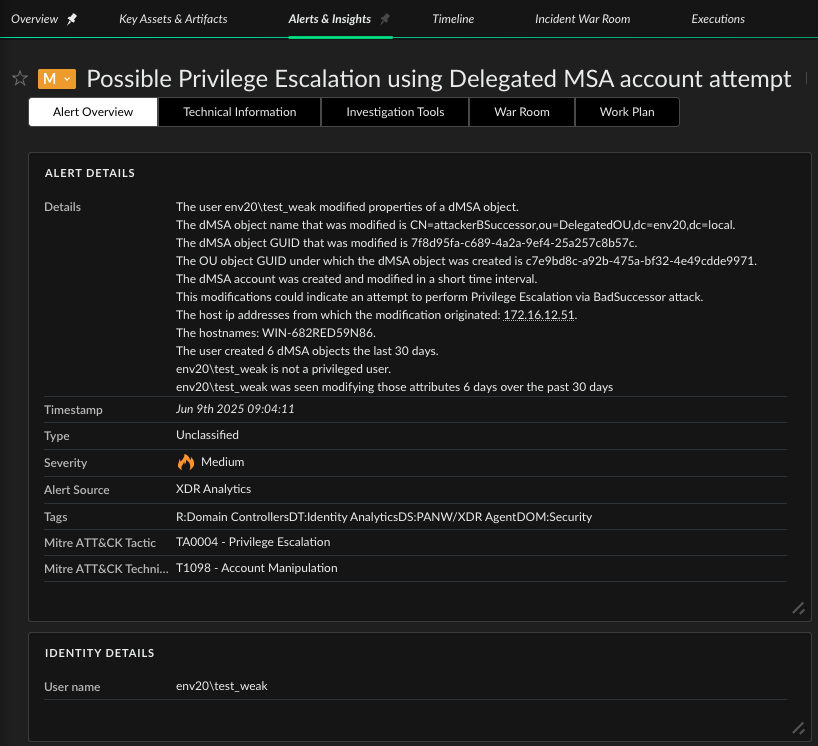 Screenshot of Cortex XDR cybersecurity dashboard displaying details about a potential Privilege Escalation incident using Delegated MSA account in a Windows environment. Information includes alerts, user data, timestamps, and MITRE ATT&CK tactics related to credential manipulation.