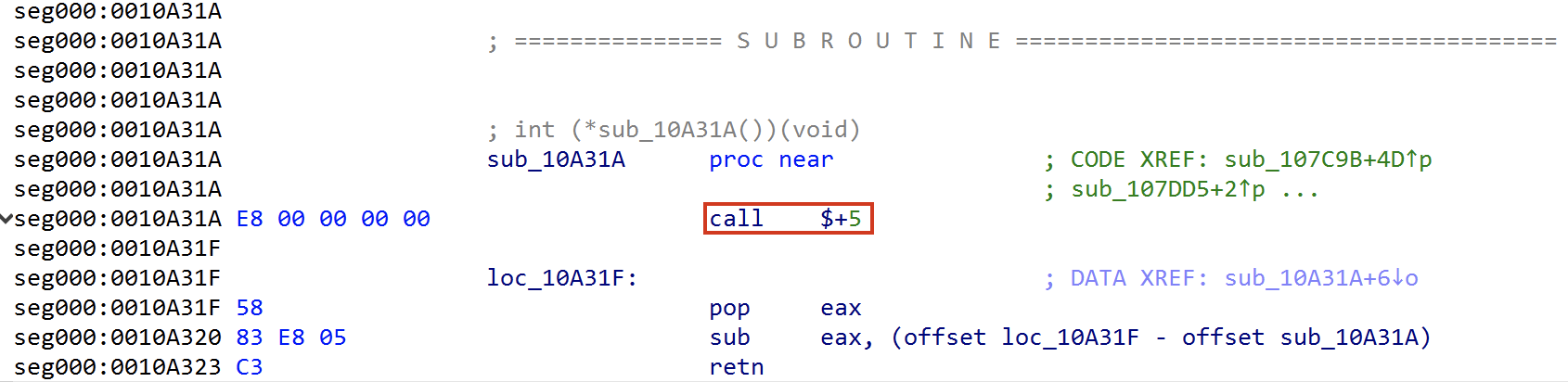 Screenshot of computer code in an IDE, highlighting a subroutine call at an address with 'call' command in red text.