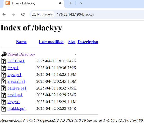 Screenshot of a web directory listing. It is the index for blackyy. It is on Apache/2.4.58 (Win64) OpenSSL/1.1.1j PHP/8.0.3 Server at 176 dot 65 dot 142 dot 190 Port 80, displaying various files with details on the last modified dates and file sizes.