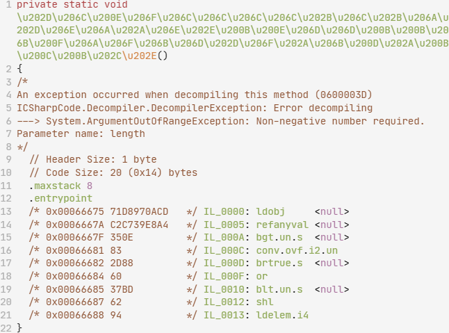 Screenshot of a computer screen displaying code in an IDE with error messages, specifically a DecompilerException, indicating non-generic decompiling issues. The code includes hex addresses and assembly language elements.