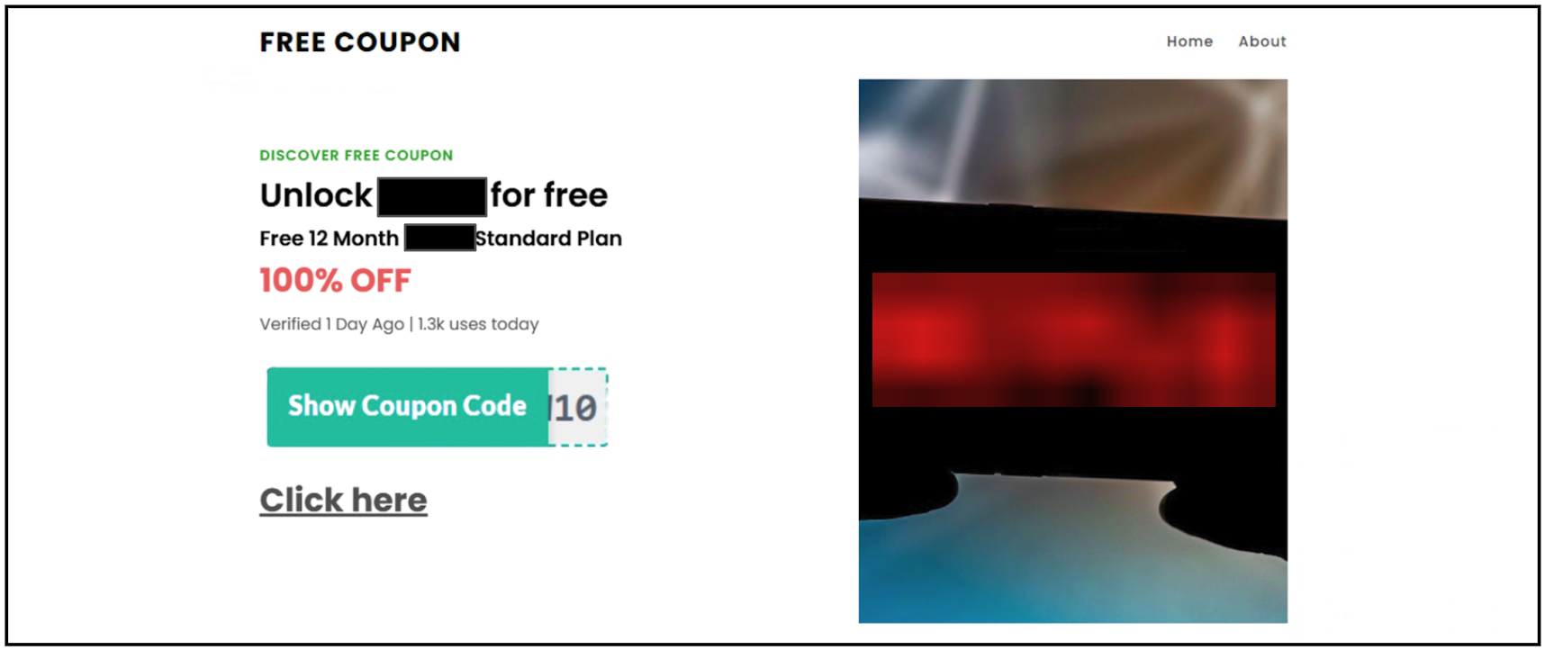 Página web promocional en la que se ofrece un "CUPÓN GRATUITO" para desbloquear un Plan Estándar de 12 meses con un descuento del 100 %, junto con un botón denominado 'Mostrar código del cupón' seguido de otro botón donde se indica 'Haga clic aquí'. En el fondo hay una imagen borrosa de formas en rojo y negro.