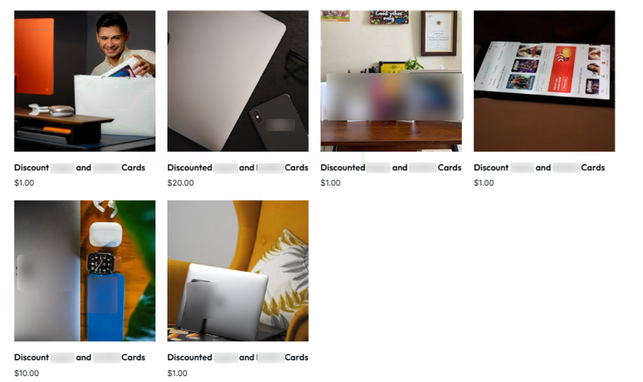 Collage de seis imágenes que muestran diversos productos tecnológicos y de estilo de vida a la venta. Los precios oscilan entre $1 y $20.