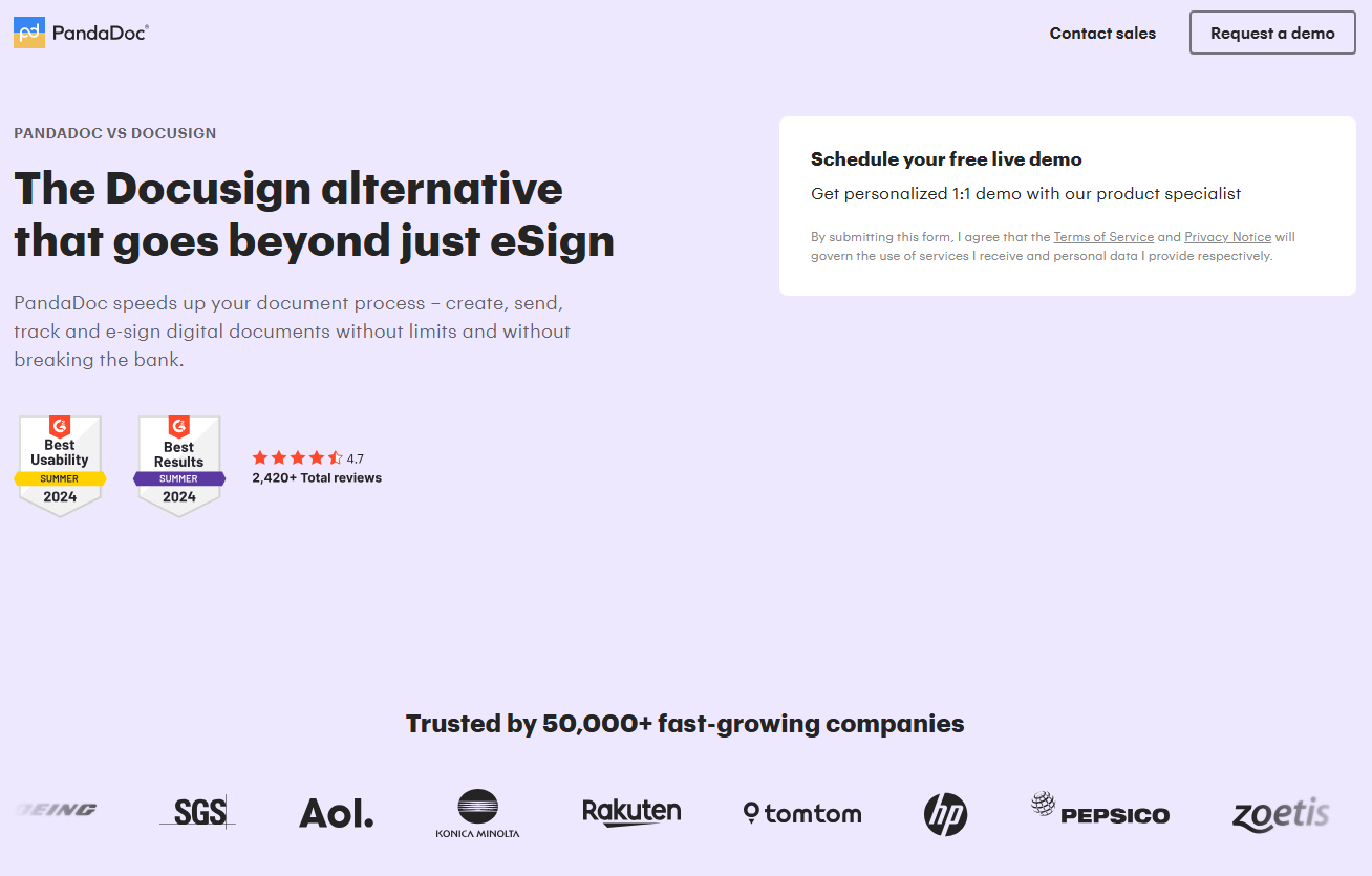 Page de renvoi usurpée de PandaDoc, présentant l’alternative à la signature de documents, soulignant la facilité et la rentabilité, avec divers badges industriels et logos de marques de confiance.