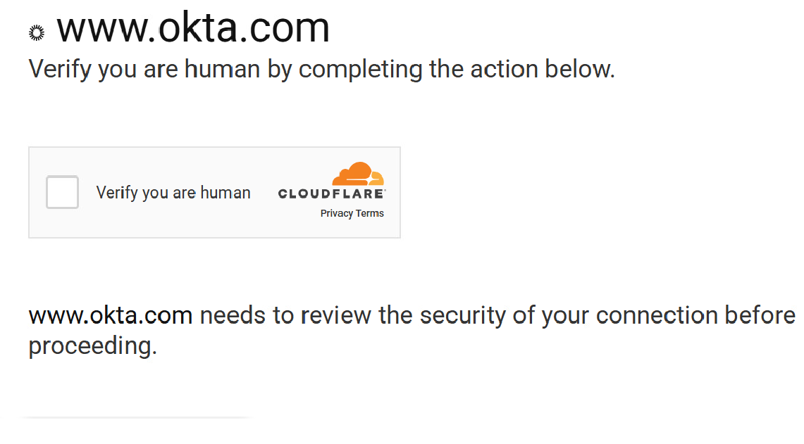 Capture d’écran d’une page de vérification de sécurité usurpée comportant une case à cocher intitulée « Confirmez que vous n’êtes pas un robot », avec un logo Cloudflare en dessous. Le message indique que le site doit vérifier la sécurité de votre connexion avant de poursuivre.