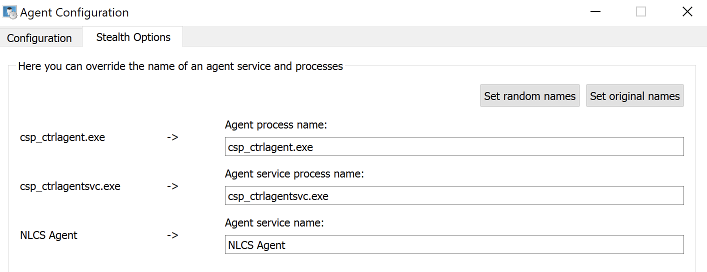 Capture d’écran d’une fenêtre de configuration d’agent, avec des options permettant de définir ou de réinitialiser les noms des services et processus liés à l’agent NLCS et à ses fichiers EXE associés.