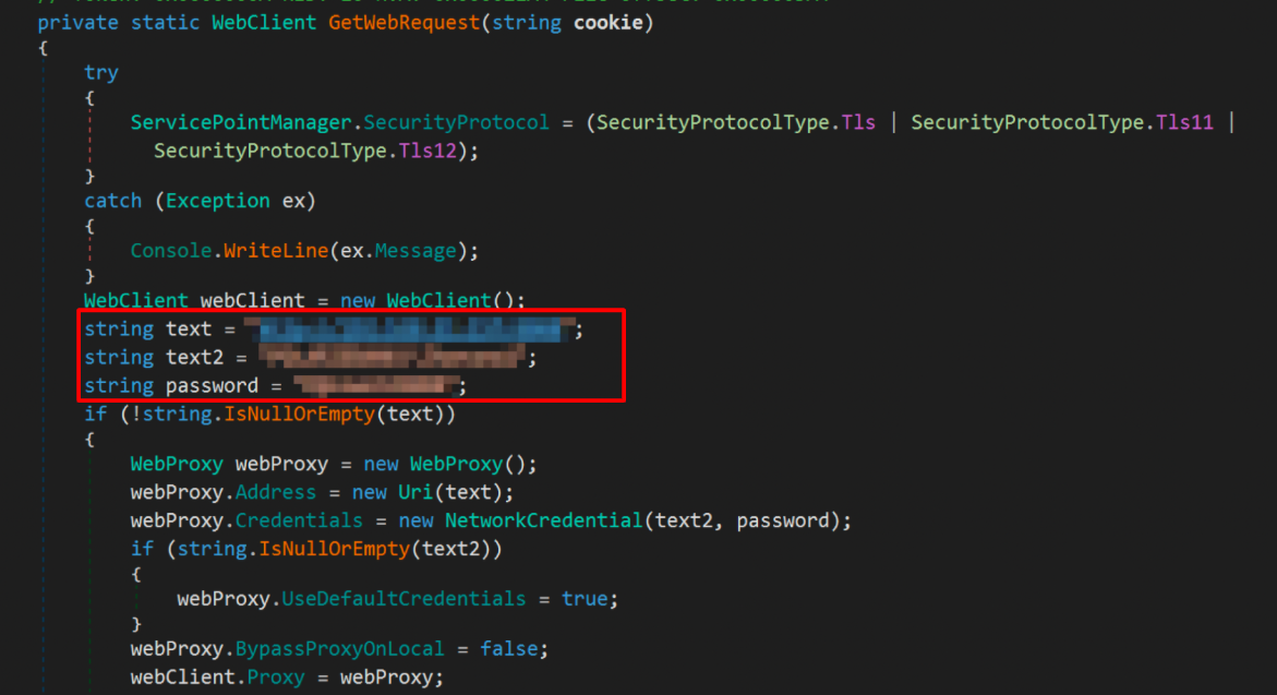 Capture d’écran de l’éditeur Visual Studio affichant un extrait de code en C#, avec deux lignes de texte floutées mises en évidence par un encadré rouge.