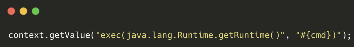 A line of code displayed on a dark background features a command injection vulnerability using Java Runtime to execute an unwanted command.