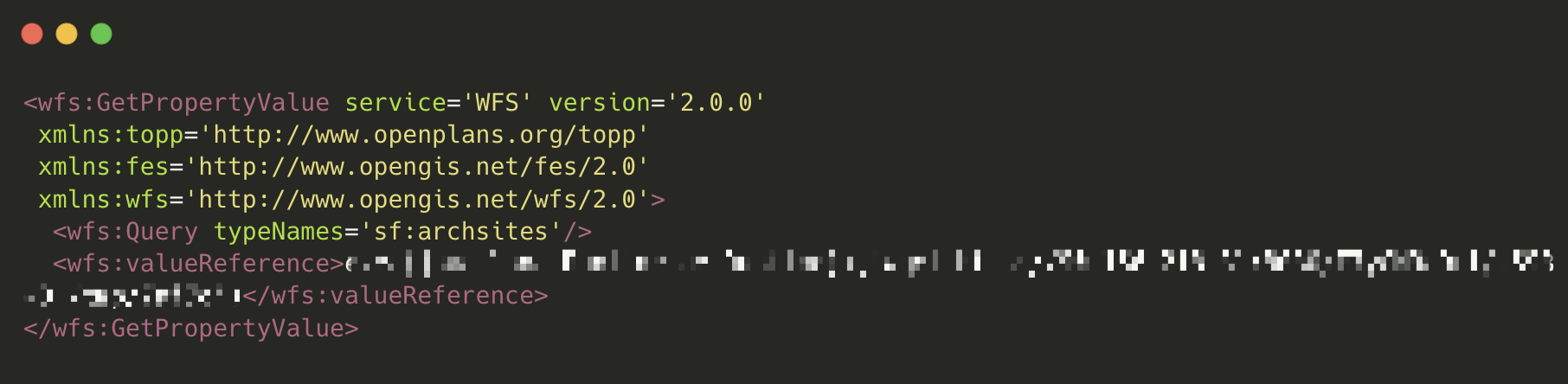 Screenshot of a computer code snippet, including tags such as GetPropertyValue and ValueReference. The background is black with green text. Some of the information is redacted.