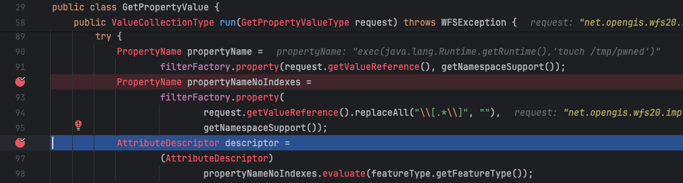 Screenshot of code in an IDE featuring syntax highlighting, displaying methods and exception handling related to attribute properties. The image shows multiple lines of code with comments and error indicators.