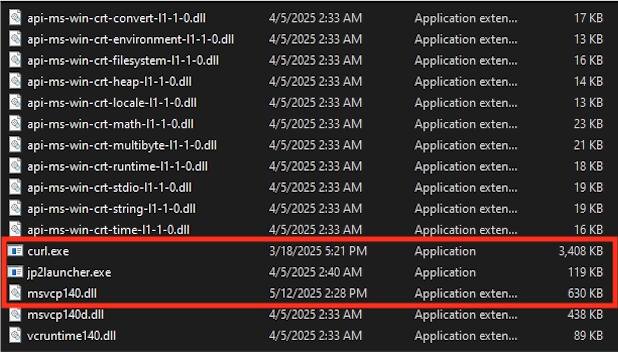 Capture d’écran d’un ordinateur affichant une liste de fichiers principalement liés aux composants et applications de Microsoft Windows. Chaque entrée de fichier indique le nom du fichier, la date de modification, le type et la taille. Trois lignes sont mises en évidence dans un encadré rouge.