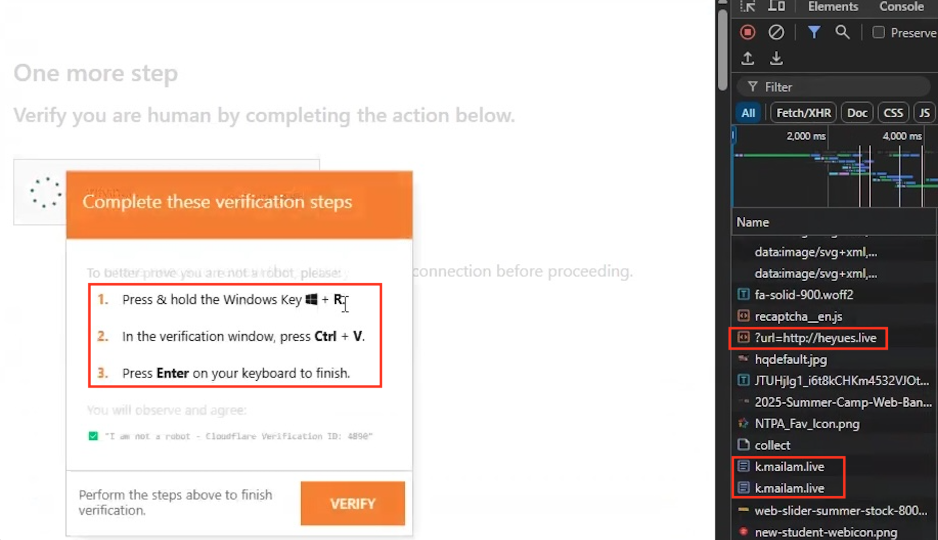 Capture d’écran d’un ordinateur affichant une page de vérification captcha invitant l’utilisateur à effectuer les étapes à l’aide de raccourcis clavier. L’écran affiche également les outils de développement web ouverts dans le navigateur, avec divers noms de scripts visibles.