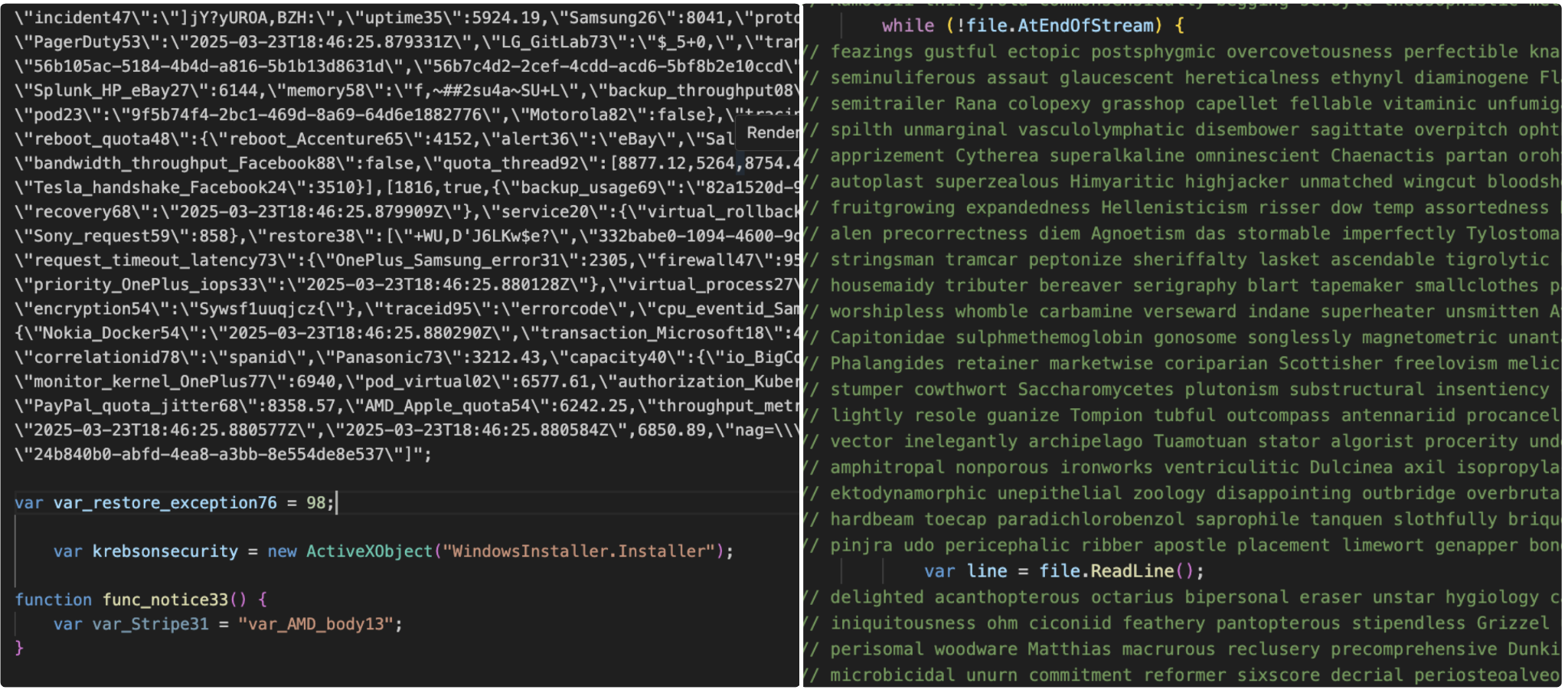 Deux images côte à côte montrant des scripts de code : celle de gauche montre un extrait contenant des variables et des fonctions, tandis que celle de droite présente un bloc de code avec une boucle et des instructions.